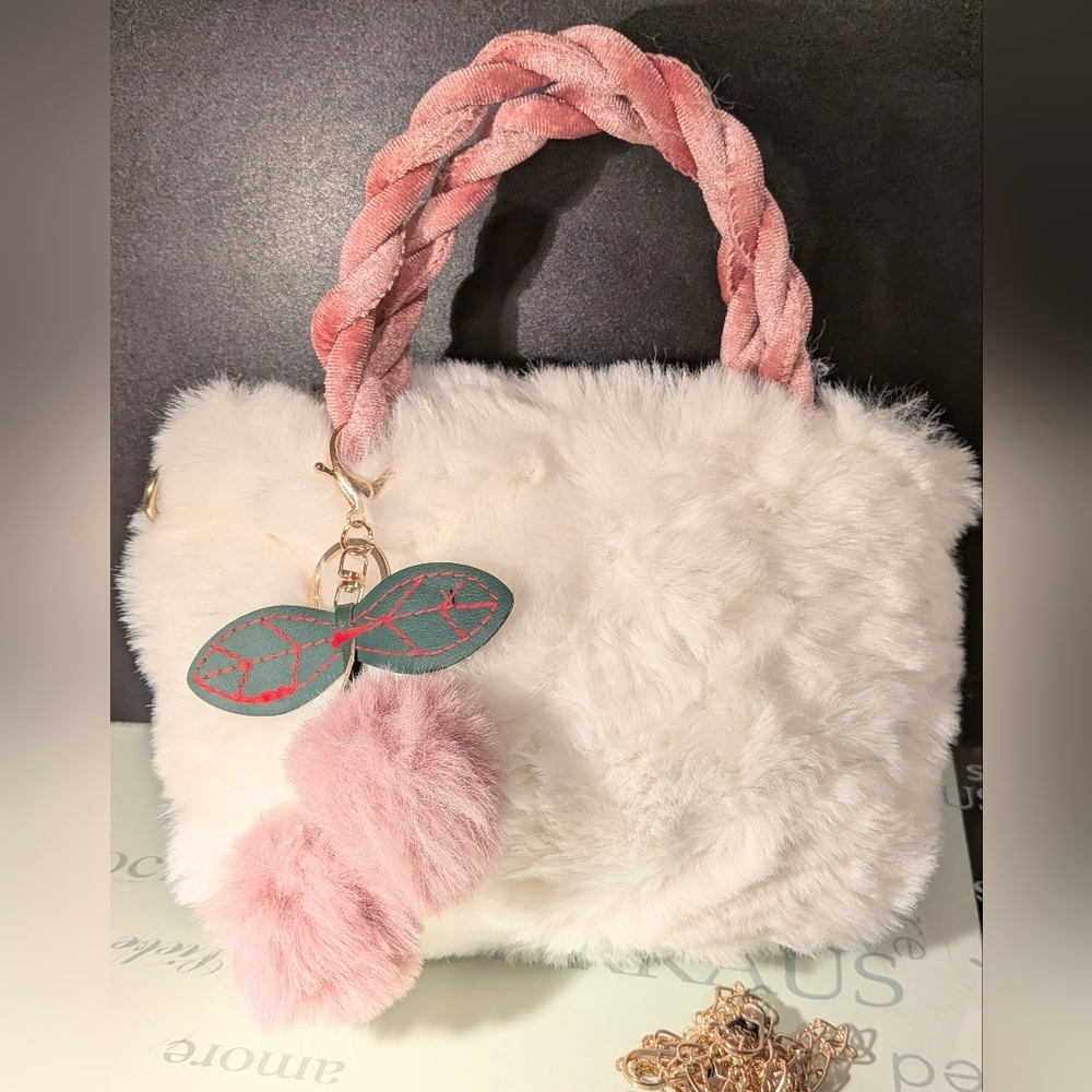 Elegant Faux Fur Bag with Braided Pink Handles, Chain And Purse Charm